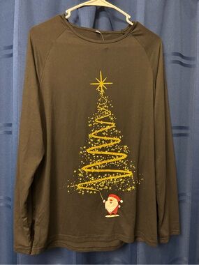 Black Long Sleeve Christmas Pajama Tee with Yellow Tree & Santa